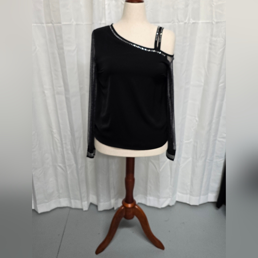 Black Asymmetrical Embellished Long Sleeve Blouse